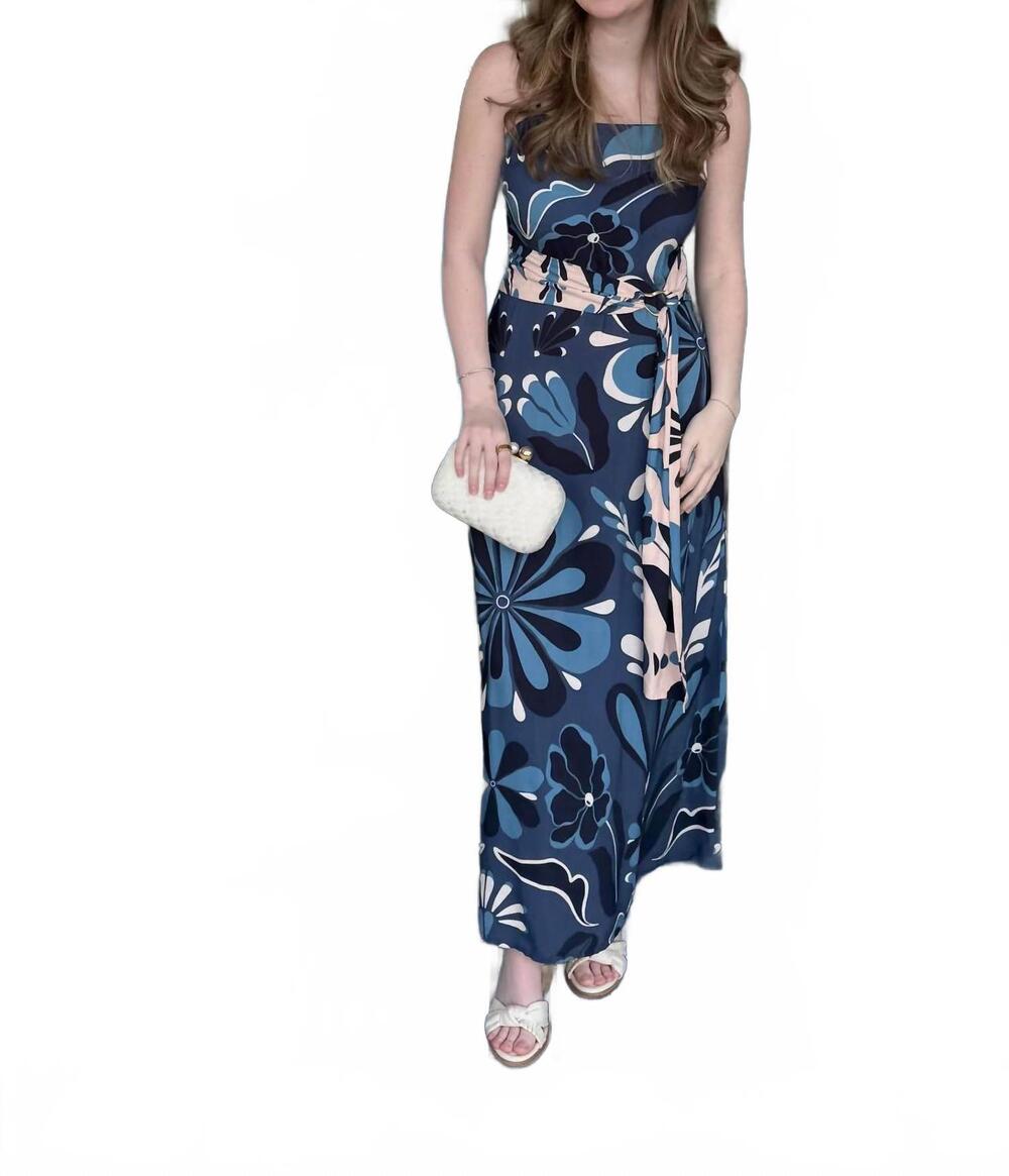 NEW CACAY printed sleeveless long dress in medium blue